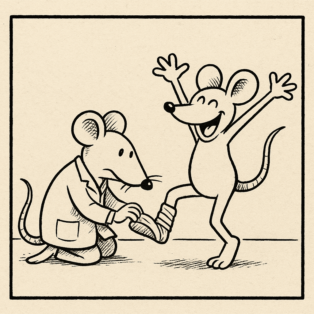 A cartoon rat wearing a tiny lab coat is bandaging the leg of another rat, who is enthusiastically d