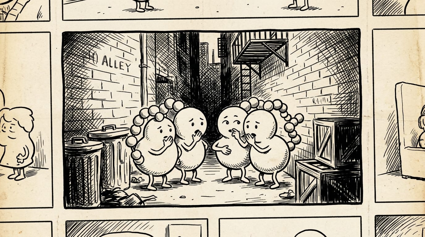 A group of anthropomorphic peptide molecules are huddled in a dark alley, whispering and looking ove