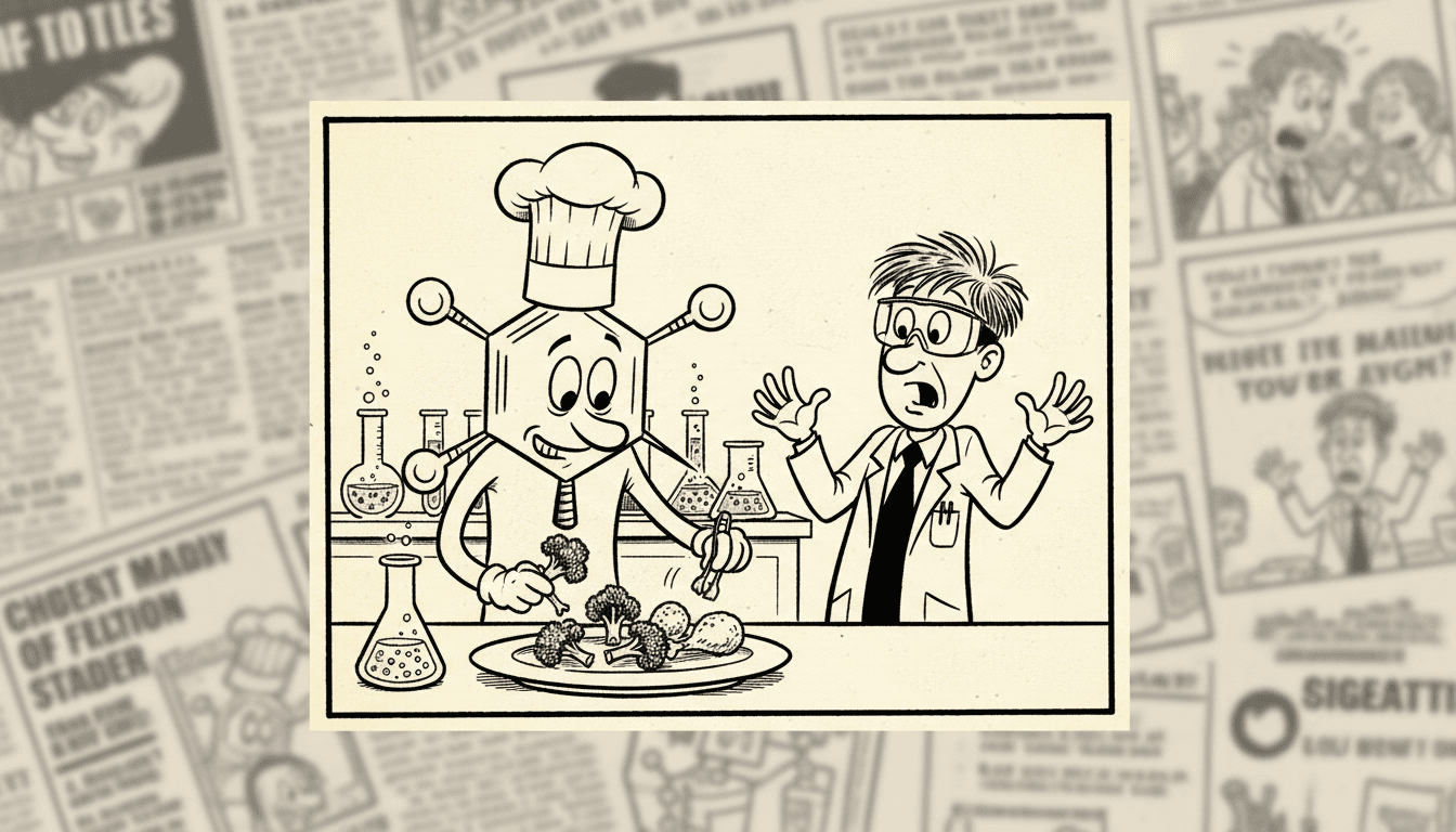 A molecule of BPC-157, wearing a tiny chef's hat, is meticulously arranging a plate of broccoli and