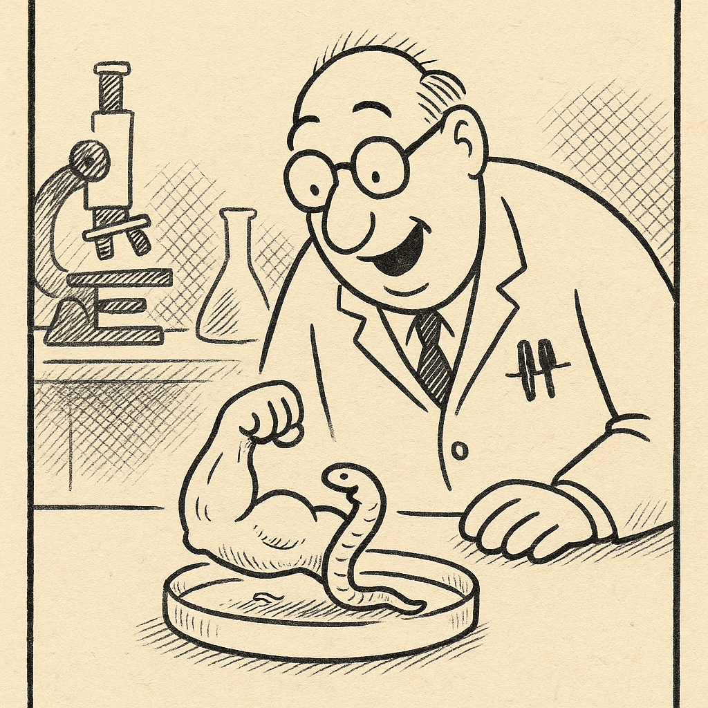 A scientist in a lab coat examines a petri dish containing a tiny, wobbly worm that has somehow grow