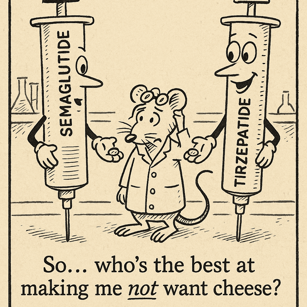 A confused-looking lab rat wearing a tiny lab coat stands between two giant, anthropomorphized syrin
