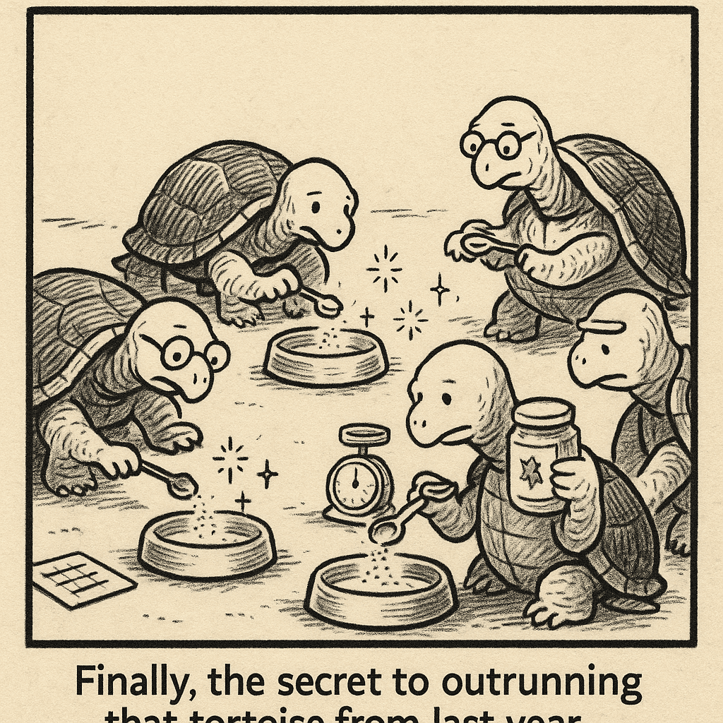 A group of elderly tortoises are meticulously measuring out scoops of a shimmering powder into their