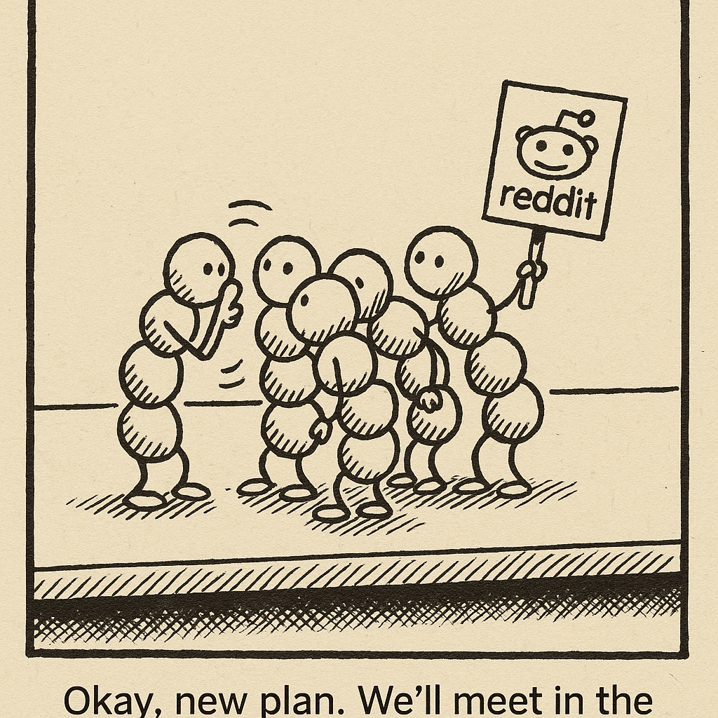 A group of anthropomorphic peptide molecules are huddled together, whispering conspiratorially. One
