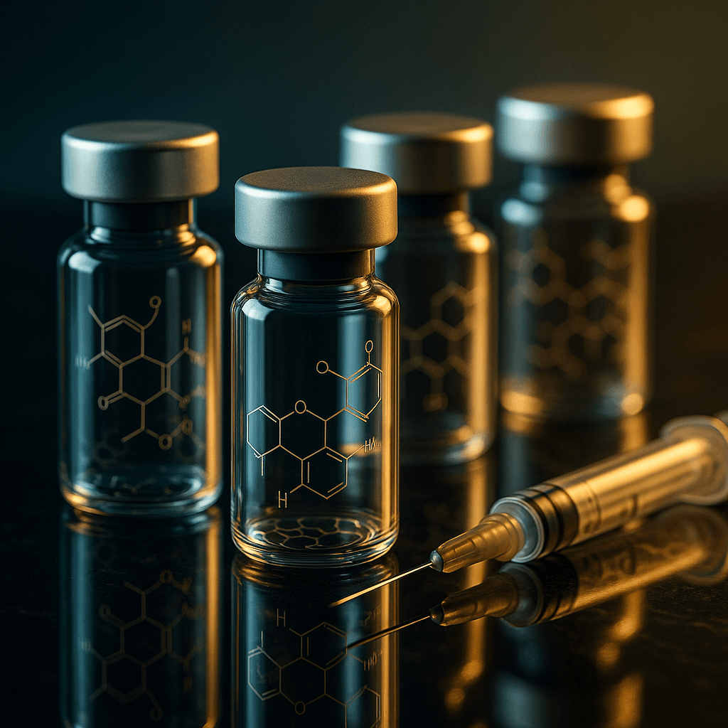 Gleaming peptide vials with intricate molecular structures reflected in their glass, arranged precis