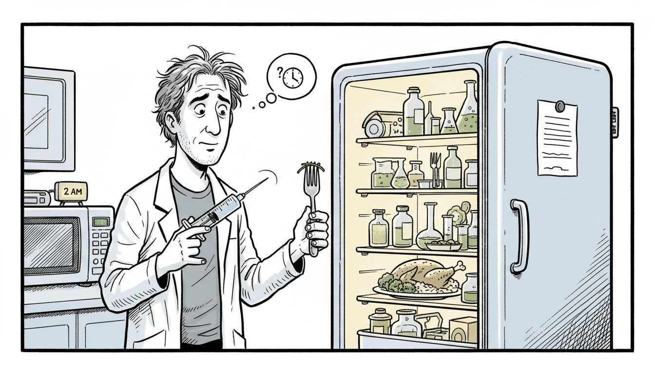 A sleep-deprived biohacker stands in front of an open refrigerator at 2 AM, holding a syringe in one hand and a fork in the other, staring at a fully prepared dinner he apparently made an hour ago and completely forgot to eat. His expression is confused and slightly proud.